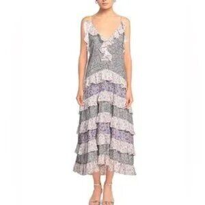 Maje Rissola Contrast Floral Ruffled Cotton Maxi Dress Size 36